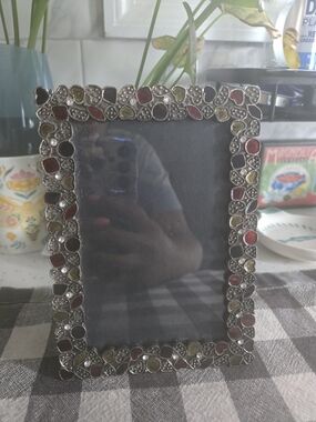 Vintage Ornate Bejeweled Enamel Metal Picture Frame, 4x6
